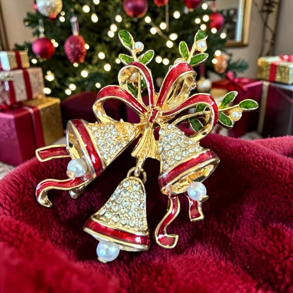 Vintage Christmas Bells Brooch Red Enamel Rhinestone Pearl Bow Holiday Glam
